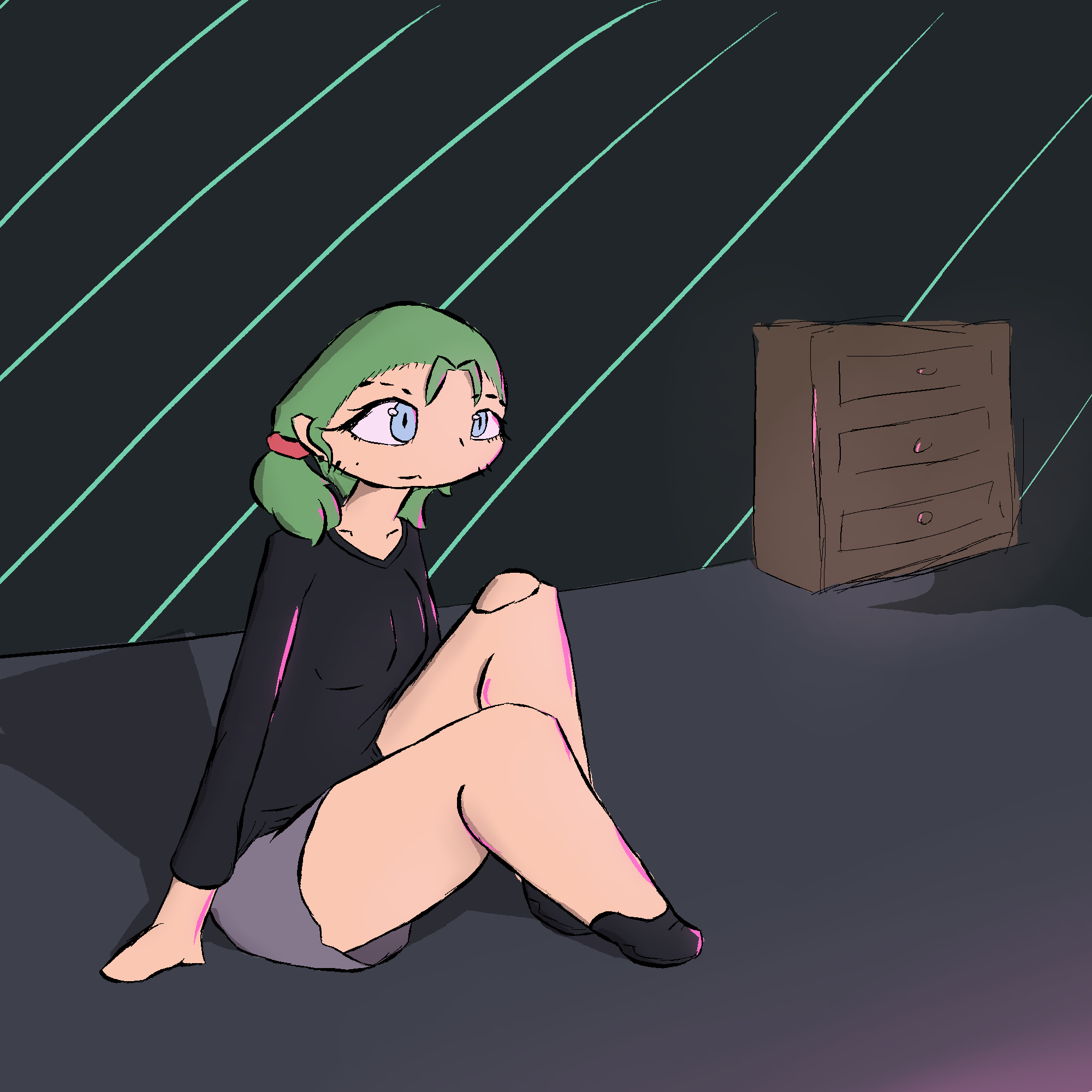 green haired girl sitting