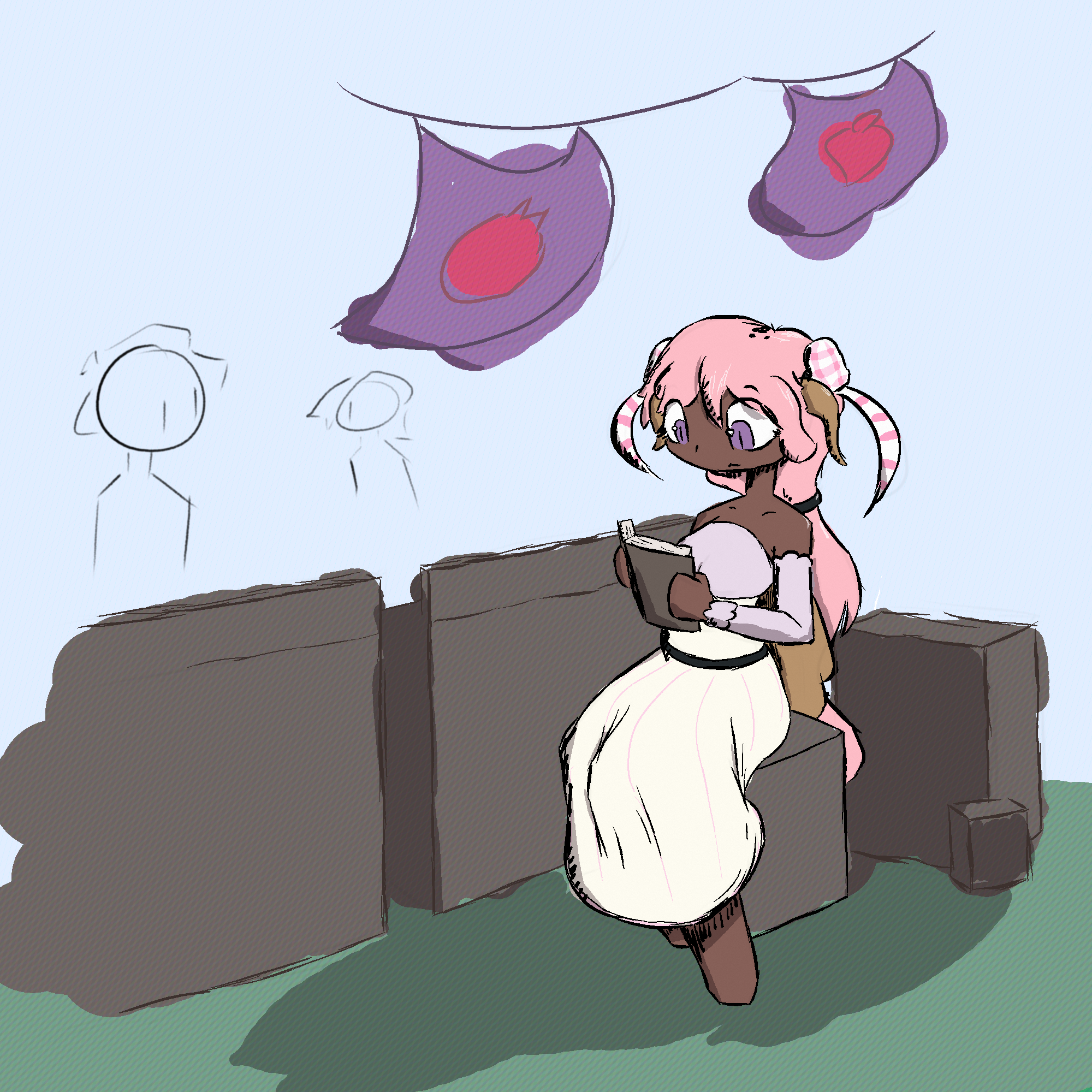 pink haired girl sitting