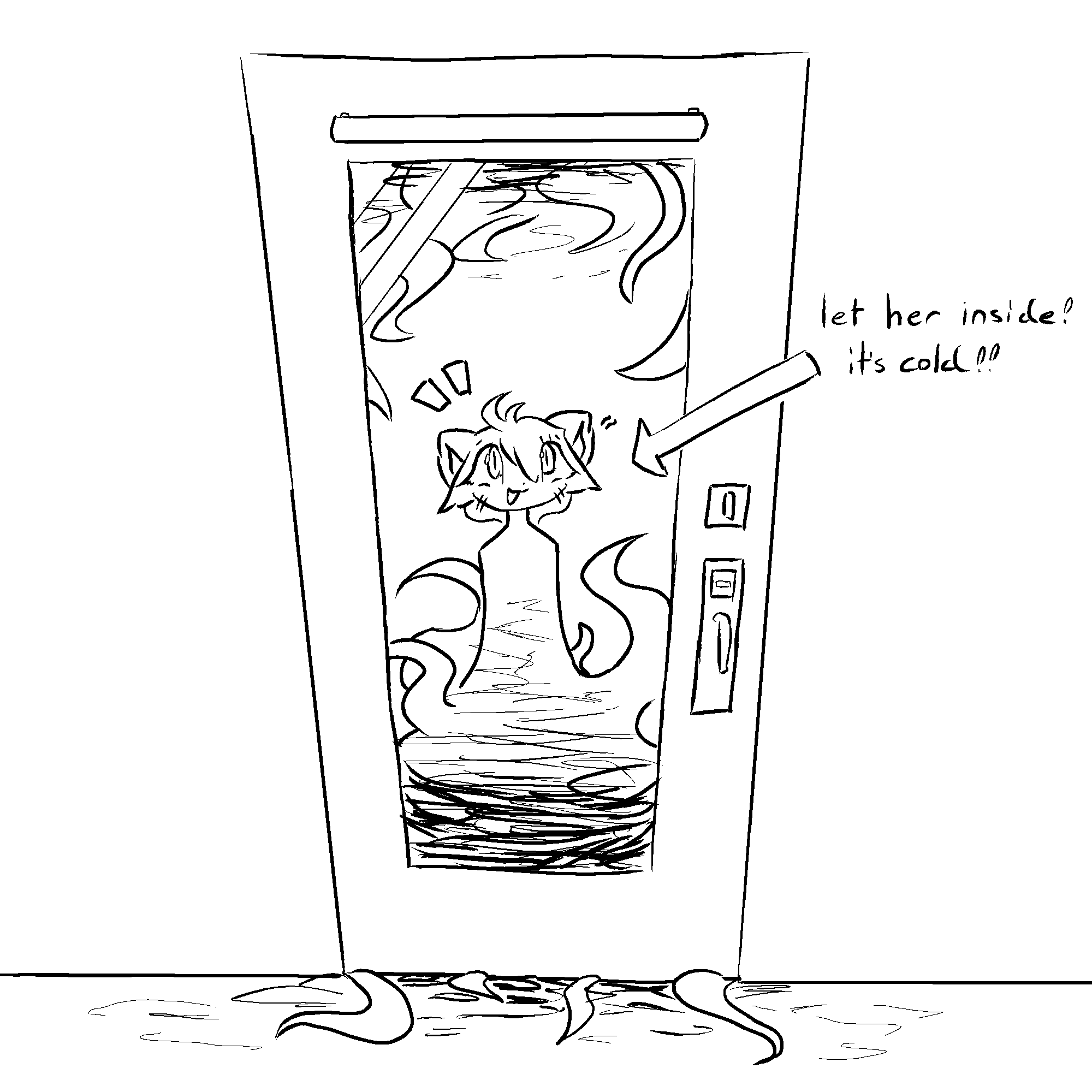 windowed door, a cat girl demon is behind it