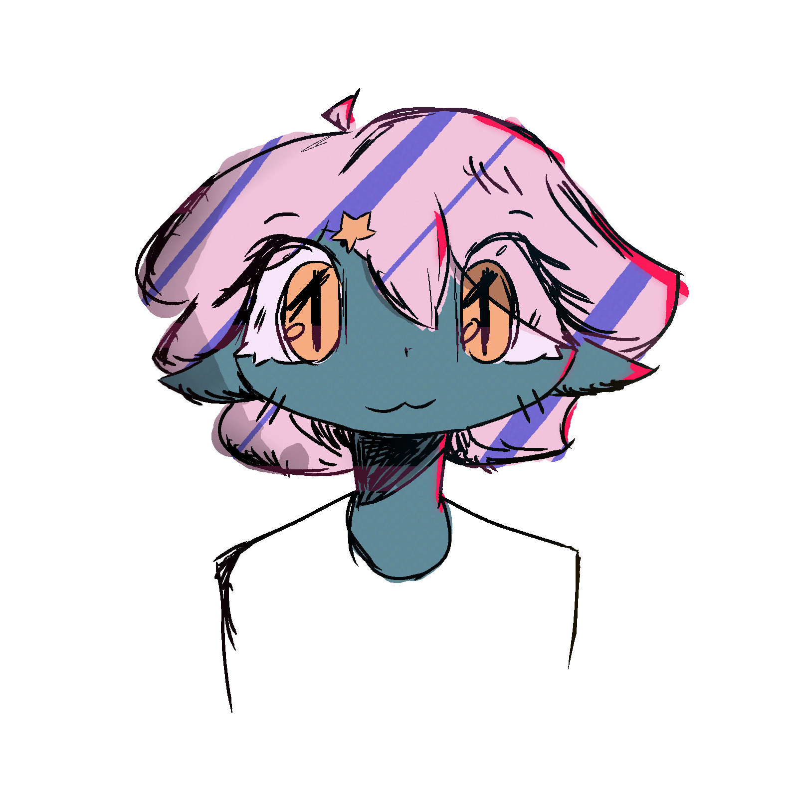 bust drawing of a guy. has green skin, pink hair, yellow eyes, stylish as fuck