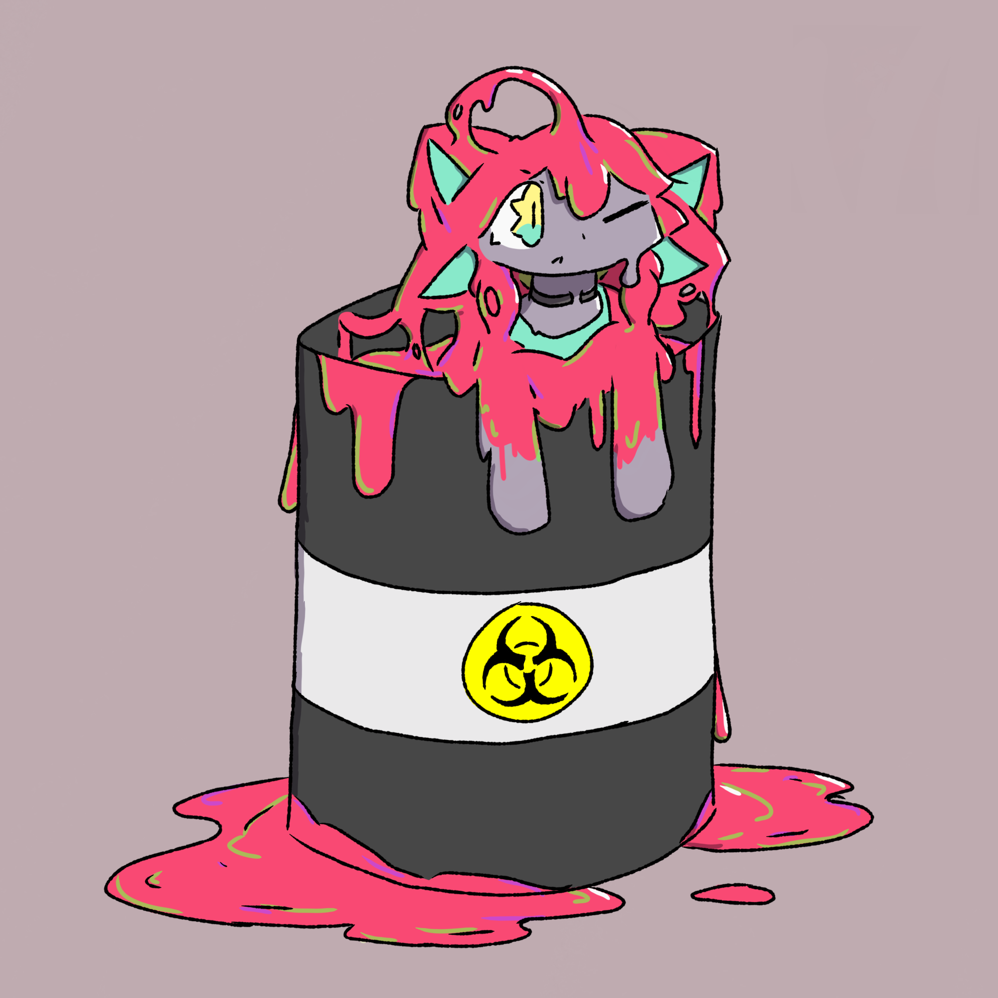 slime cat girl, in radiation barrel